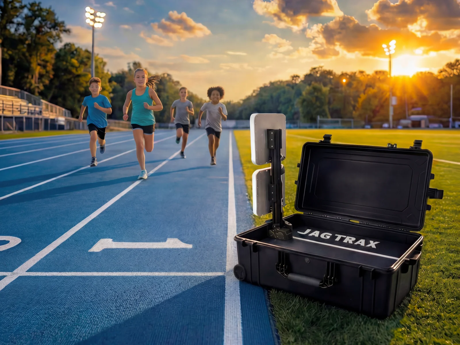 Students running on a track at sunset with the JagTrax rolling case open beside the lane