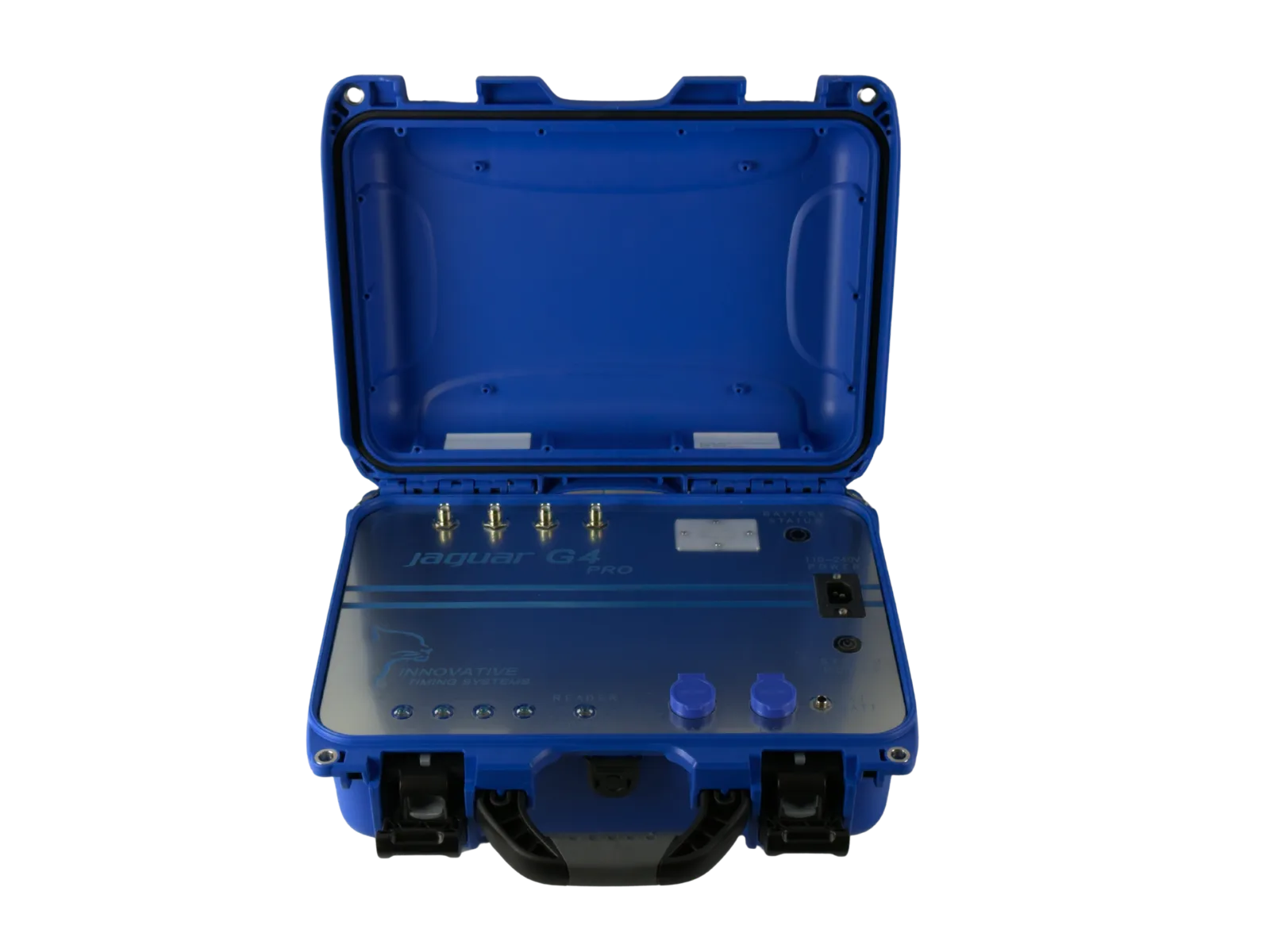 Jaguar G4 Pro timing system, open case showing four antenna ports, battery status, and power controls