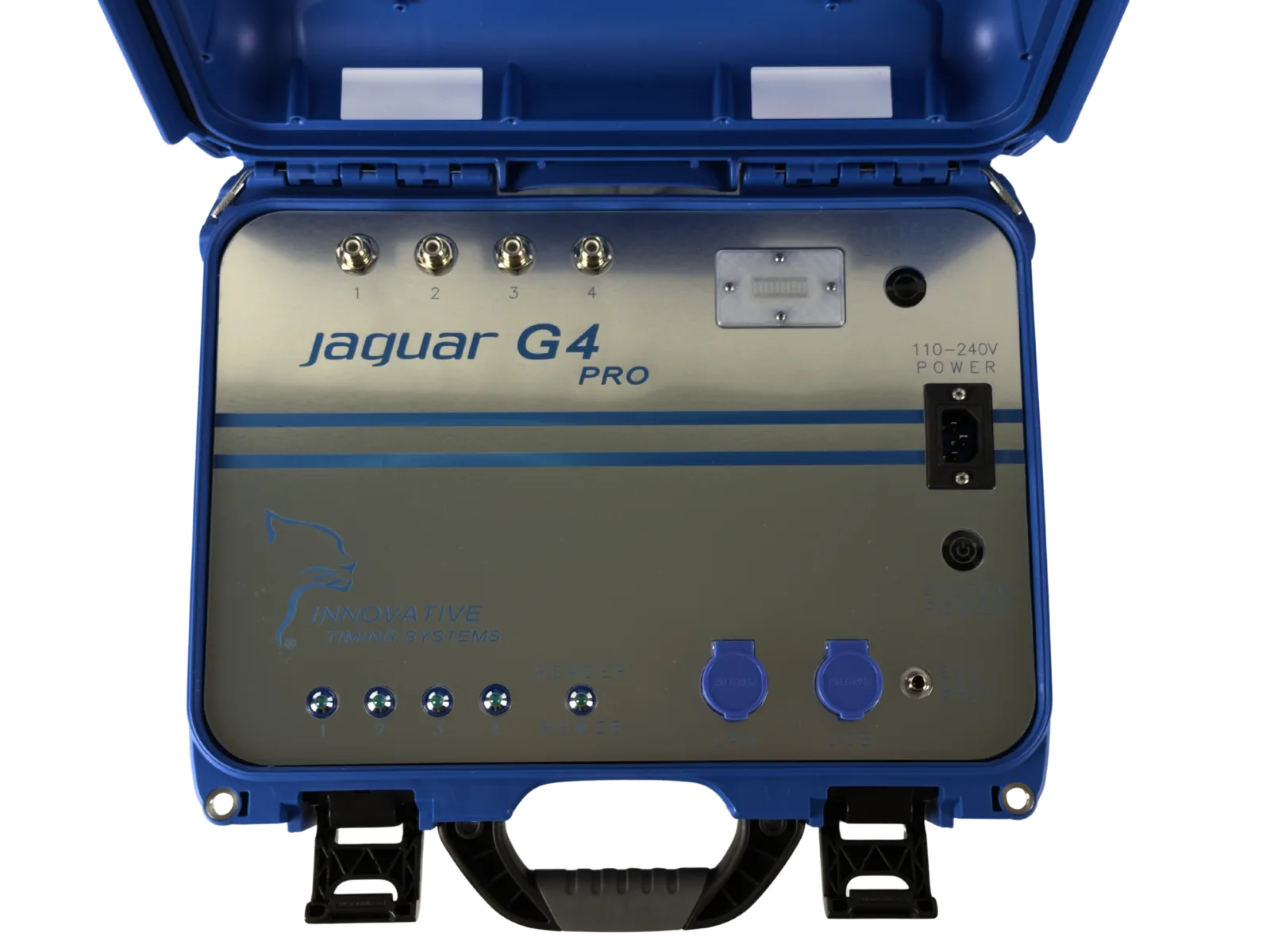 Jaguar G4 Pro control panel close-up — four numbered antenna ports, 110–240V power input, LAN and USB ports, and reader status LEDs