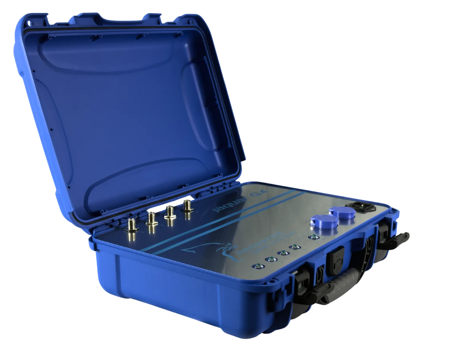 Jaguar G4 RFID race timing system — open rugged blue case showing four antenna ports and the stainless control panel